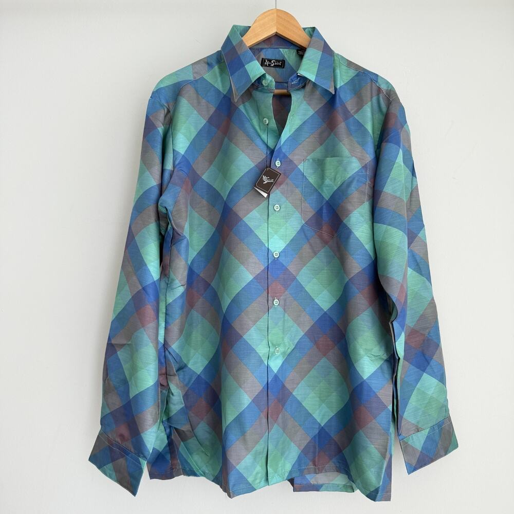 Vintage Alan Stuart Shirt Mens‎ XL Blue Button Up Disco Psychedelic Mod Pop Art